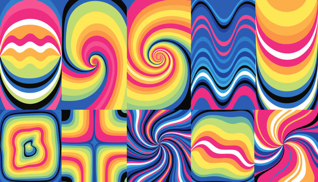 Abstract psychedelic patterns with swirling and wavy colorful shapes on black background