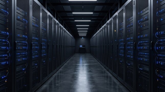 Data Center Server Room with Blue Illuminated Racks