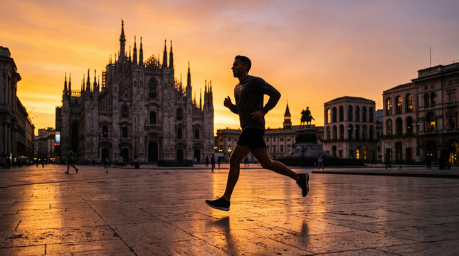 Runner Jogging in Historic European City Square at Sunrise