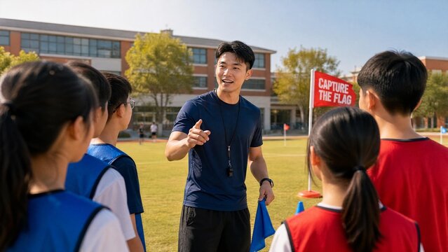 Male Asian Coach Instructing Group of Students for Capture The Flag Game on School Sports Field