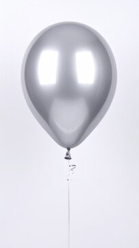 A single, shiny silver balloon floats against a stark white background