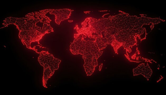 Abstract red glowing digital map of the world on black background representing global internet connectivity with internet technology connection communication abstract infrastructure cyberspace