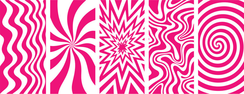 Set of five pink and white abstract geometric patterns featuring wavy lines radial sunburst and spiral shapes