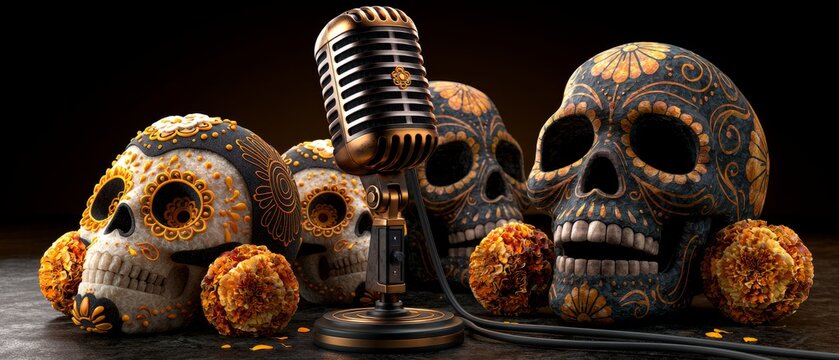 Vintage Karaoke Microphone Surrounded by Decorative Calaveras