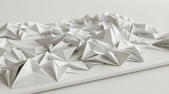 Abstract white paper sculpture with geometric triangular mountain peaks isolated on white background