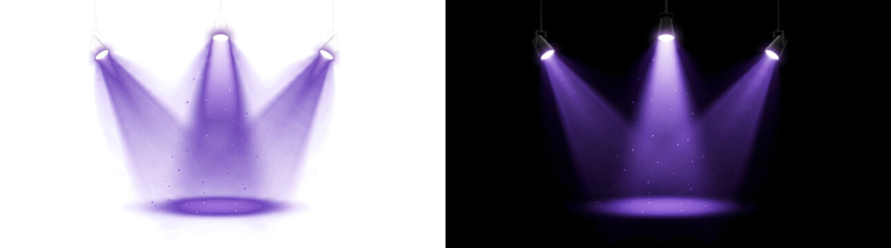 Purple stage spotlight beam effect with hanging lamps in PNG, Transparent and Black Background Versions for dramatic design projects