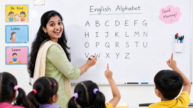 Happy Indian Female Teacher Teaching English Alphabet to Primary School Students in Classroom