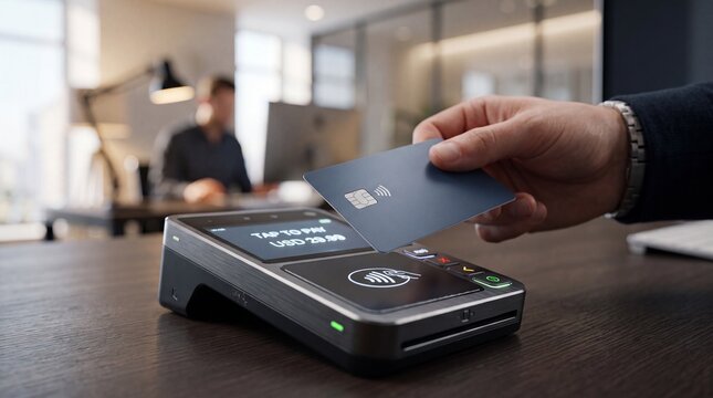 Business professional using contactless credit card terminal for secure payment transaction at modern office desk