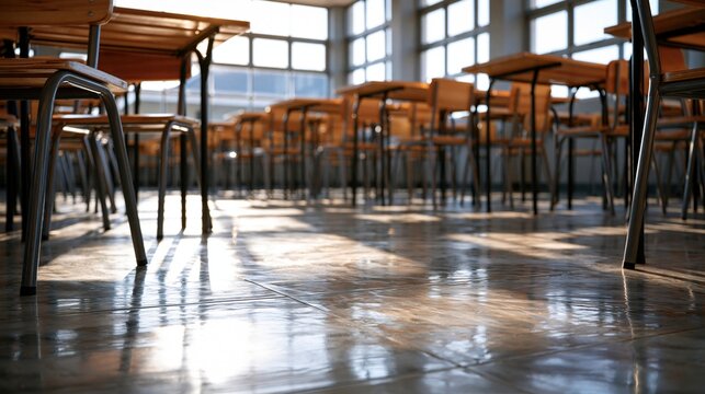Desks and chairs arranged in a classroom with large windows letting in light during the day
