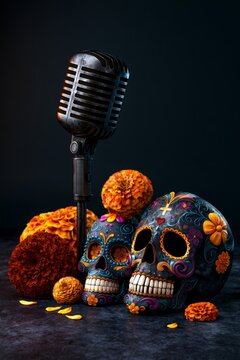 Vintage Karaoke Microphone with Colorful Calaveras and Marigolds