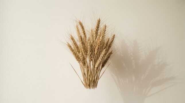 Golden wheat sheaves against neutral wall with dramatic shadow play