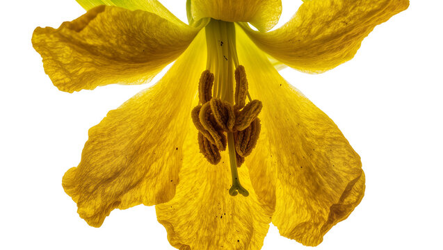 Isolated vibrant yellow flower with delicate translucent petals and intricate stamens and pistil