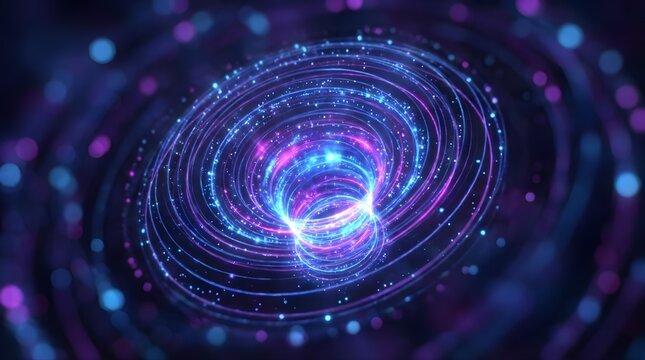 Abstract digital portal with swirling purple and blue glowing particles.