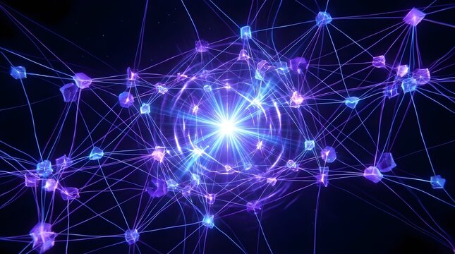 Abstract digital neural network with glowing purple connections.