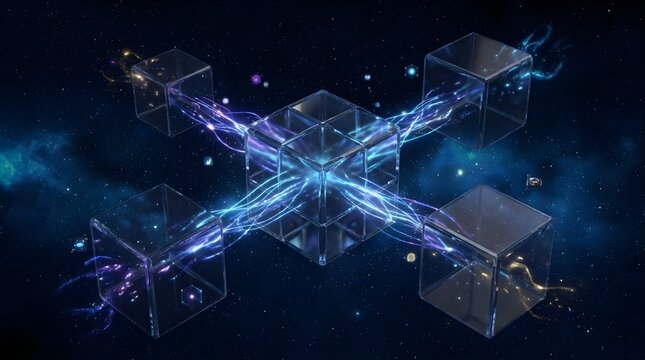 Abstract glowing glass cubes connected by light beams in dark space.