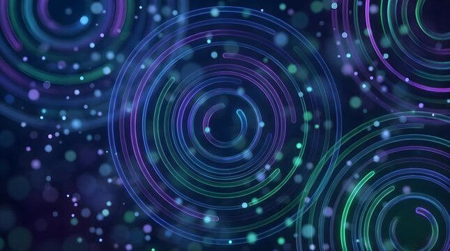 Abstract glowing neon circles and particles on a dark blue background.