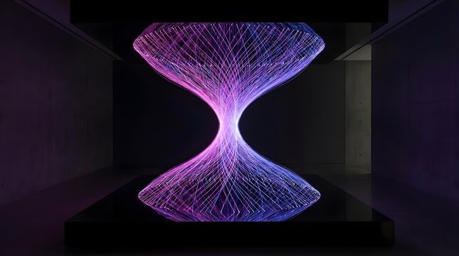 Abstract hourglass shape made of glowing purple and pink energy lines.