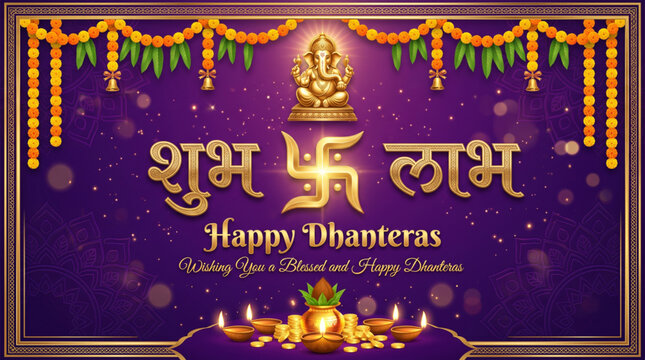 Shubh Labh Happy Dhanteras Greeting Banner with Hindi Typography, Swastik Symbol, Kalash, Diyas and Marigold Toran