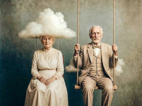 Couple de retrait&eacute; faisant de la balan&ccedil;oire  avec des nuages