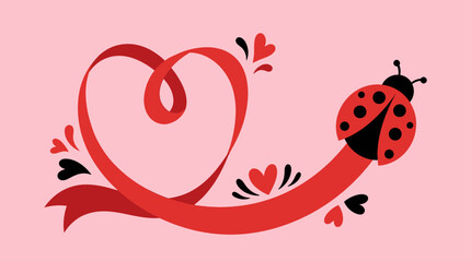 Cute ladybug with a red ribbon shaped like a heart on a pink background. © Abhinaya Project