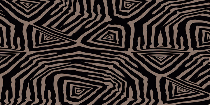 Abstract tribal geometric seamless pattern with zebra skin texture and turtle shell motif in brown and black tones.