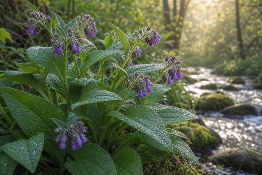 Comfrey plants with purple flowers growing by a mossy stream, morning light.