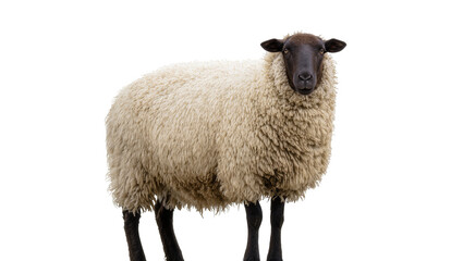 Isolated sheep with thick fluffy wool and dark face standing looking directly at camera © Oisin