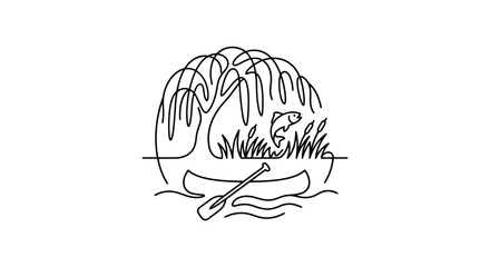 Canoe, Fish Jumping, Willow Tree, Nature Scene, Line Art Illustration © Chor Ahmad
