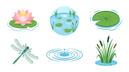 Pond Life Elements: Lily Pad, Lotus Flower, Dragonfly, Cattails, Water Ripples © Chor Ahmad