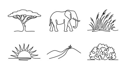 African Safari Line Art Icons: Elephant, Tree, Sun, Grass, Bush, Landscape © Chor Ahmad