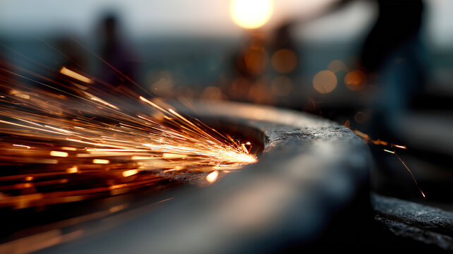 Fiery sparks fly as metal is forged in golden sunset light