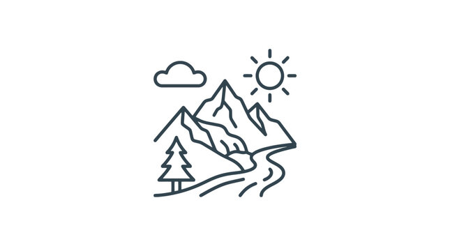 Minimalist mountain landscape icon with river, tree, sun and cloud, line art style