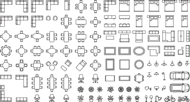 Architectural floor plan furniture symbols set including sofas tables chairs beds and plants in vector format