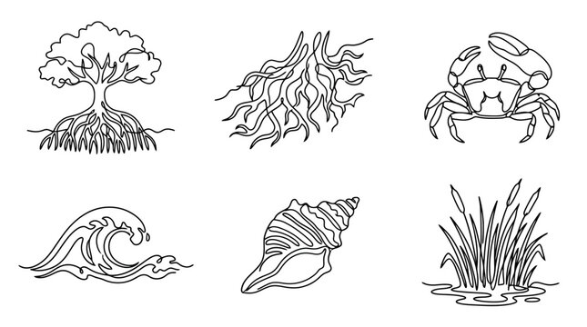 Mangrove Tree, Crab, Wave, Seashell, Reeds, Roots - Coastal Nature Icons Set
