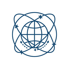 Obraz premium A blue line art icon of a globe with orbiting paths