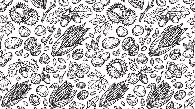 Autumn harvest pattern with corn cobs nuts and leaves in a detailed hand drawn sketch style