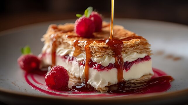 Luxury Cremeschnitte plated with raspberry coulis and caramel drizzle, fine dining presentation
