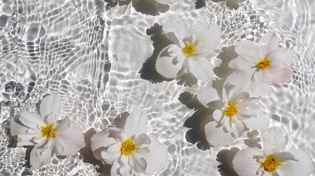 White Jasmine, Chamomile flowers on water surface waves on White background. Water splash. Pure water with reflections sunlight and shadows. Valentines day texture. . High quality 4k footage