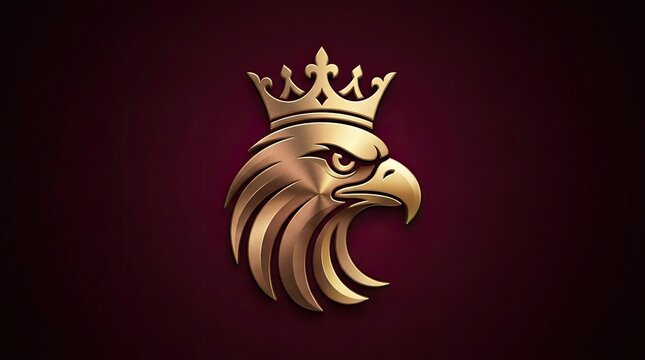 3D golden eagle head wearing crown on red background.