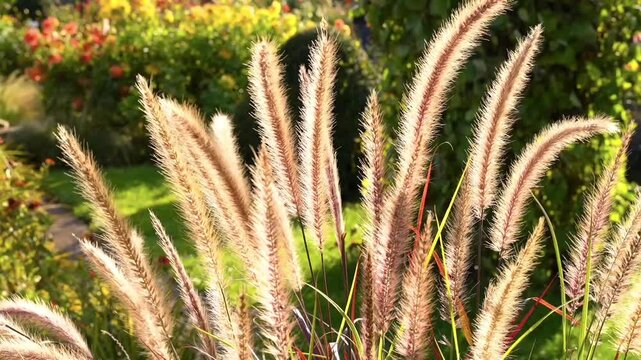 A beautiful Cenchrus alopecuroides (formerly Pennisetum alopecuroides) in the sunlight, swaying in the breeze. A lush garden landscape in the background