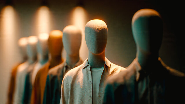Mannequins sans visage align&eacute;s dans la lumi&egrave;re