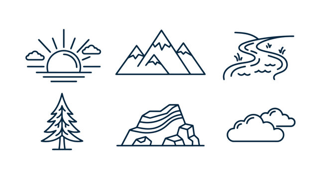 Nature Icons Set: Sunrise, Mountains, River, Tree, Rock, Clouds