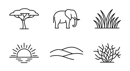 African Safari Icons: Elephant, Acacia Tree, Sun, Grass, Hills, Bush © bahlil