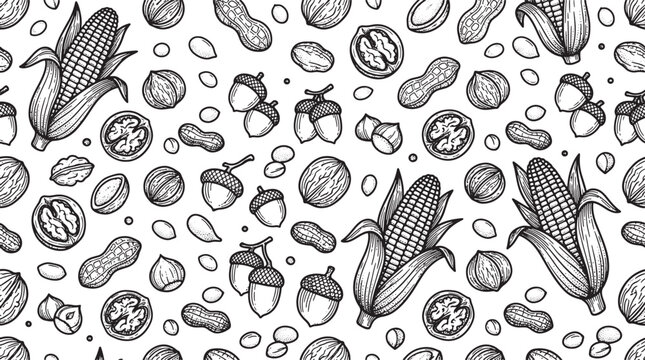 Hand drawn seamless pattern with corn cobs and various nuts in black and white sketch style