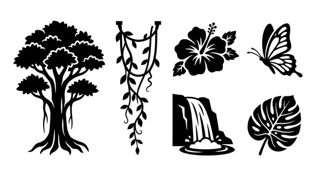 Jungle Elements Silhouette: Tree, Vines, Hibiscus, Butterfly, Waterfall, Leaf