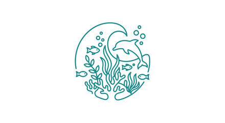 Ocean life illustration with dolphin, fish and seaweed in a circular frame © bahlil