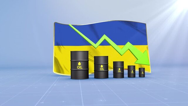Ukraine Oil Price Falling with Oil Barrels Downward Green Arrow and 3D Financial Data Visualization Graphs for Economy and Business Concept