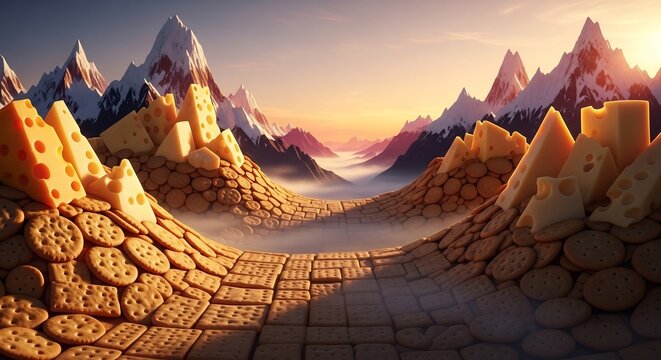 Surreal Landscape of Mountains Made of Cookies and Cheese Under a Golden Sky.