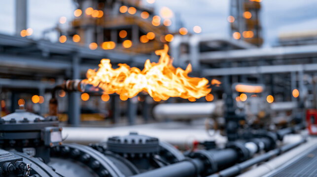 Perspective view across an oil and gas processing facility toward an active flare stack, controlled flame rising above heavy machinery, industrial pipes and refinery infrastructure representing safe