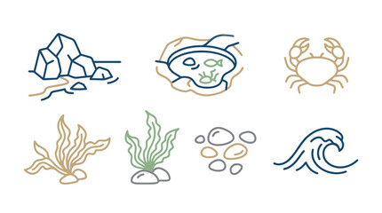 Ocean Life Icons: Rocky Shore, Tide Pool, Crab, Seaweed, Pebbles, Wave © Bobon